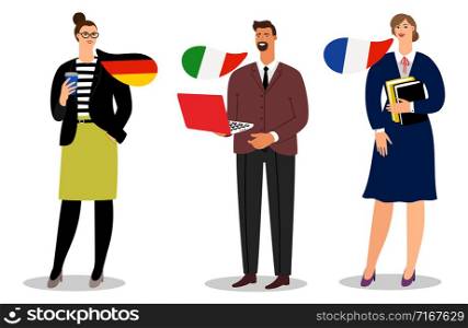 International business team vector isolated on white background. Illustration of business people team, businessman communication italian and french and german. International business team vector isolated on white background