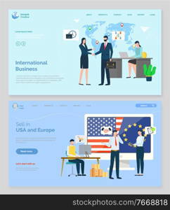 International business, trade between states, flag of USA and Europe. Man and woman cooperation, worker communication with laptop, teamwork vector. Website or landing page flat style, webpage template. Worldwide Company, States Union, Webpage Vector