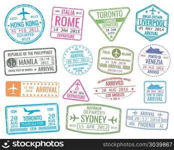 International business travel visa stamps vector arrivals sign set. International business travel visa stamps vector arrivals sign. Set of variety rubber stamp city illustration