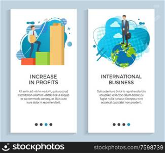 International business vector, businessman holding briefcase standing on planet earth, infocharts and stats, graphs text, relation of company set. Website or app slider, landing page flat style. International Business and Increasing in Profit