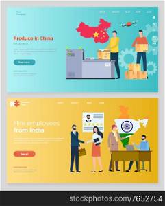International business vector, hire employees from india. Workers from other countries, produce in china, partnership with oriental cultures. Website or webpage template, landing page flat style. Hire Employees from India, Produce in China Web