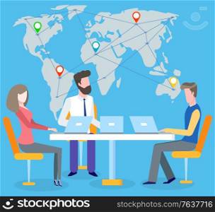 International business vector, man and woman discussing projects. Map with location pointers and lines connected together. Talking people at work. Boss and Workers on Meeting International Business