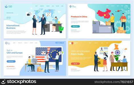 International business vector, sell in usa and europe marketplace and produce in China, hire employees from India, Chinese map with flag parcels with products. Website or app slider, landing page flat. International Business, Produce in China Website