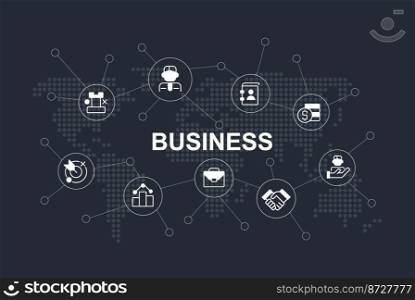 International business word concept design template with icons. Infographics with text and editable white glyph pictograms. Vector illustration for web banner, presentation. Montserrat font used. International business word concept design template with icons