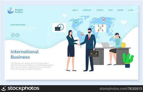 International business, workers trade, worldwide work, communication with laptop. Teamwork cooperation, man and woman corporate, handshake vector. Website or webpage template, landing page flat style. Workers Handshake, International Business Vector