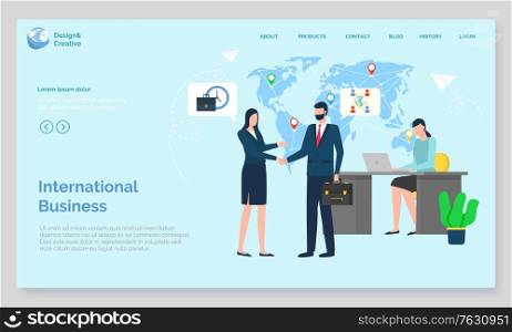 International business, workers trade, worldwide work, communication with laptop. Teamwork cooperation, man and woman corporate, handshake vector. Website or webpage template, landing page flat style. Workers Handshake, International Business Vector