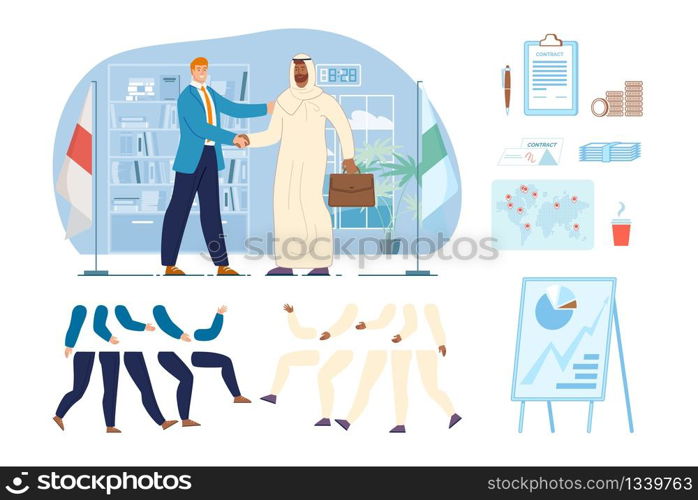 International Businessmen, Politics Characters Constructor. Caucasian Entrepreneur, Diplomat Handshaking with Arabian Business or Diplomatic Partner, Business Elements Trendy Flat Vector Illustration