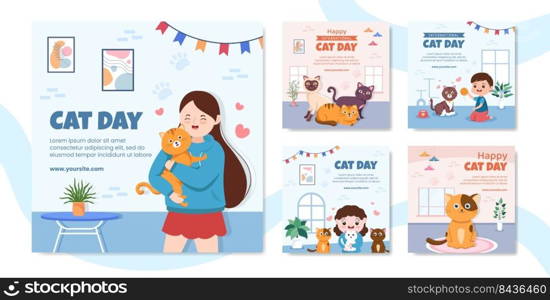 International Cat Day Social Media Post Template Flat Cartoon Background Vector Illustration
