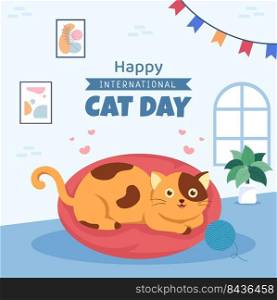 International Cat Day Social Media Template Flat Cartoon Background Vector Illustration