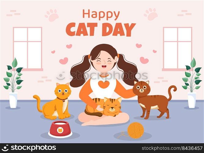 International Cat Day Social Media Template Flat Cartoon Twitch Background Vector Illustration