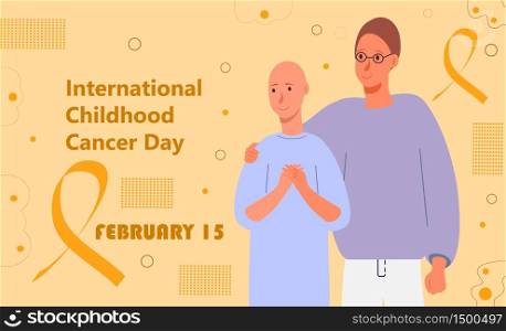 International Childhood Cancer Day is celebrated in February 15. Yellow ribbon with text. Friend hugs girl with cancer. Health care concept vector for banner, web. Awareness month of this disease.. International Childhood Cancer Day is celebrated in February 15. Yellow ribbon with text.