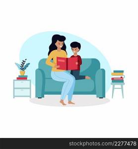 International Children’s Book Day. A mother reads a book to a child. Family in the home interior. Vector illustration with people in a flat style.