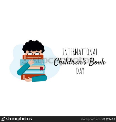 International Children’s Book Day. The boy is holding a stack of books. Vector illustration for online library, bookstore.