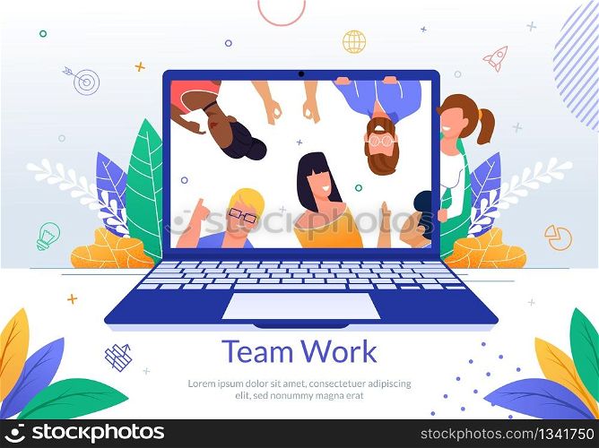 International Company Employees Teamwork Flat Vector Banner Template with Multinational People on Laptop Screen, Partners Communicating Online Illustration. Distant Video Conference Business Concept