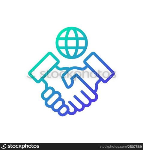International company gradient linear vector icon. Manage operations abroad. Goods export, import. International trade. Thin line color symbol. Modern style pictogram. Vector isolated outline drawing. International company gradient linear vector icon