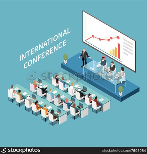 International conference hall big lcd screen presentation isometric composition with speaker and participants on podium vector illustration
