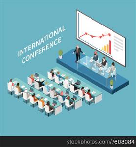 International conference hall big lcd screen presentation isometric composition with speaker and participants on podium vector illustration