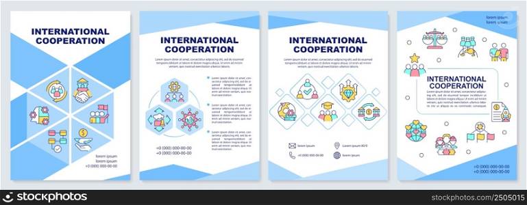 International cooperation blue brochure template. World relations. Leaflet design with linear icons. 4 vector layouts for presentation, annual reports. Arial-Black, Myriad Pro-Regular fonts used. International cooperation blue brochure template