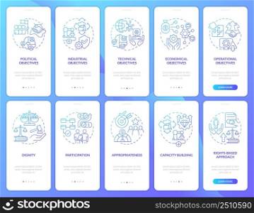 International cooperation blue gradient onboarding mobile app screen set. Walkthrough 5 steps graphic instructions pages with linear concepts. UI, UX, GUI template. Myriad Pro-Bold, Regular fonts used. International cooperation blue gradient onboarding mobile app screen set