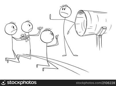 International crisis, gas or oil pipeline closed, customers begging for energy , vector cartoon stick figure or character illustration.. Gas or Oil Pipeline Closed, International Crisis, Customers Begging for Energy, Vector Cartoon Stick Figure Illustration