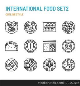 International cuisine in outline icon and symbol set
