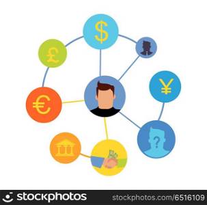 International Currency Exchange Vector Concept.. International currency exchange concept. World banking system. Money exchange and cost transferring illustration. Symbols of worlds important currencies. Dollar, pound, yen, euro. On white.