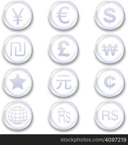 International currency icons on glass orb vector button set
