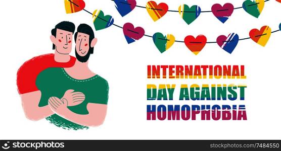 International day against homophobia. Happy gay couple. Decoration of rainbow hearts. Vector illustration.. International day against homophobia. Vector illustration.