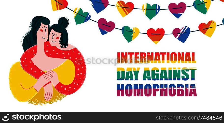 International day against homophobia. Happy lesbian couple. Decoration of rainbow hearts. Vector illustration.. International day against homophobia. Vector illustration.