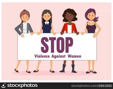 International day for the elimination of violence against women. Women hold sign ’STOP Violence Against Women’.