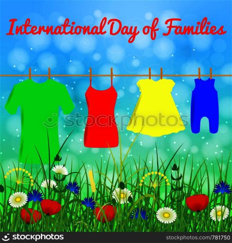 International Day of Families. Concept of a family of 4 people - father, mother, daughter, baby. Clothes dries on clothespins on a rope - men t-shirt, female T-shirt, dress, sliders. International Day of Families