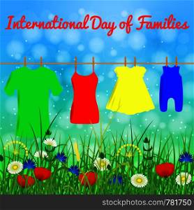 International Day of Families. Concept of a family of 4 people - father, mother, daughter, baby. Clothes dries on clothespins on a rope - men t-shirt, female T-shirt, dress, sliders. International Day of Families