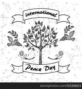 International Day of Peace Promotional Poster. International Day of Peace promotional poster. Isolated vector illustration of two doves flying toward tree with olive branches in their beaks