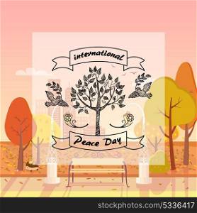 International Day of Peace Promotional Poster. International Day of Peace promotional poster. Vector of two doves flying toward tree with olive branches in beaks on autumn city park background