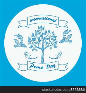 International Day of Peace Promotional Poster. International Day of Peace promotional poster. Vector illustration of two doves flying toward tree with olive branches in beaks in circle on blue