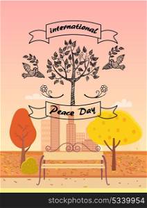 International Day of Peace Promotional Poster. International Day of Peace promotional poster vector of two doves flying toward tree with olive branches in beaks on background of autumn landscape