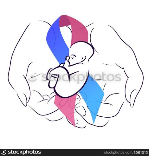 International day of premature babies. Woman hand with festive ribbon with a baby. Motherhood and care. The object is separate from the background. Vector element for articles, logos and your design.. International day of premature babies. Woman hand with festive ribbon with a baby. Motherhood and care. The object is separate from the background.