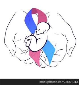 International day of premature babies. Woman hand with festive ribbon with a baby. Motherhood and care. The object is separate from the background. Vector element for articles, logos and your design.. International day of premature babies. Woman hand with festive ribbon with a baby. Motherhood and care. The object is separate from the background.