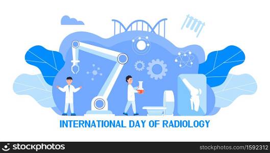 International day of radiology concept vector for medical website, app, blog. Tiny doctors make x-ray scanning. Ultrasound machine is shown.. International day of radiology concept vector for medical website, app, blog. Tiny doctors make x-ray scanning. Ultrasound machine