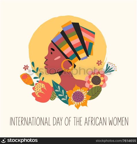 International day of the African child. Portrait of a beautiful African girl with flowers. Vector illustration.. International day of the African child. Vector illustration.