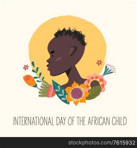 International day of the African child. Portrait of an African boy with flowers. Vector illustration.. International day of the African child. Vector illustration.