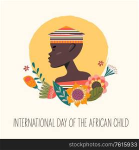 International day of the African child. Portrait of an African boy with flowers. Vector illustration.. International day of the African child. Vector illustration.