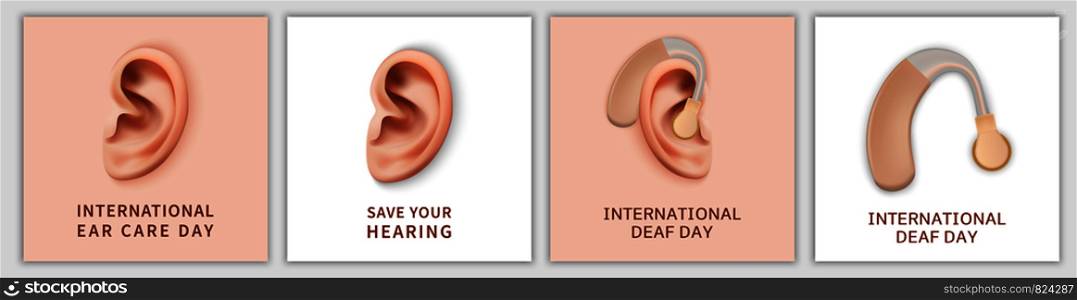 International Deaf Day hear world banner concept set. Realistic illustration of 4 International Deaf Day hear world vector banner concepts for web. International Deaf Day banner set, realistic style