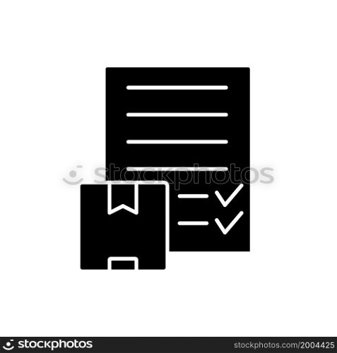 International delivery bill of landing document black glyph icon. Cargo carriage contract. Professional orders shipping service. Silhouette symbol on white space. Vector isolated illustration. International delivery bill of landing document black glyph icon