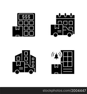 International delivery business company black glyph icons set on white space. Parcels shipment cost calculation. Shipping goods services. Silhouette symbols. Vector isolated illustration. International delivery business company black glyph icons set on white space