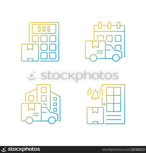 International delivery business company gradient linear vector icons set. Shipment cost calculation. Shipping services. Thin line contour symbols bundle. Isolated outline illustrations collection. International delivery business company gradient linear vector icons set