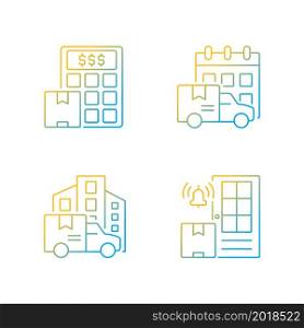 International delivery business company gradient linear vector icons set. Shipment cost calculation. Shipping services. Thin line contour symbols bundle. Isolated outline illustrations collection. International delivery business company gradient linear vector icons set