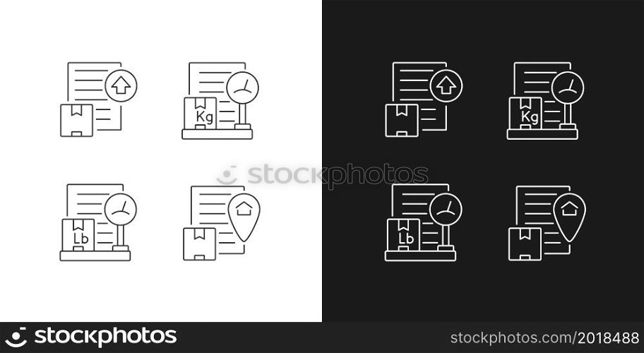 International delivery business company linear icons set for dark and light mode. Parcels shipment cost calculation. Customizable thin line symbols. Isolated vector outline illustrations. International delivery business company linear icons set for dark and light mode