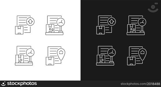 International delivery business company linear icons set for dark and light mode. Parcels shipment cost calculation. Customizable thin line symbols. Isolated vector outline illustrations. International delivery business company linear icons set for dark and light mode