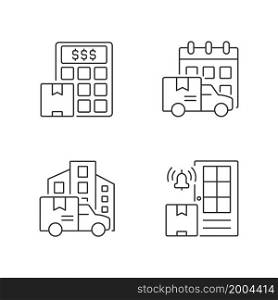 International delivery business company linear icons set. Parcels shipment cost calculation. Shipping goods services. Customizable thin line contour symbols. Isolated vector outline illustrations. International delivery business company linear icons set